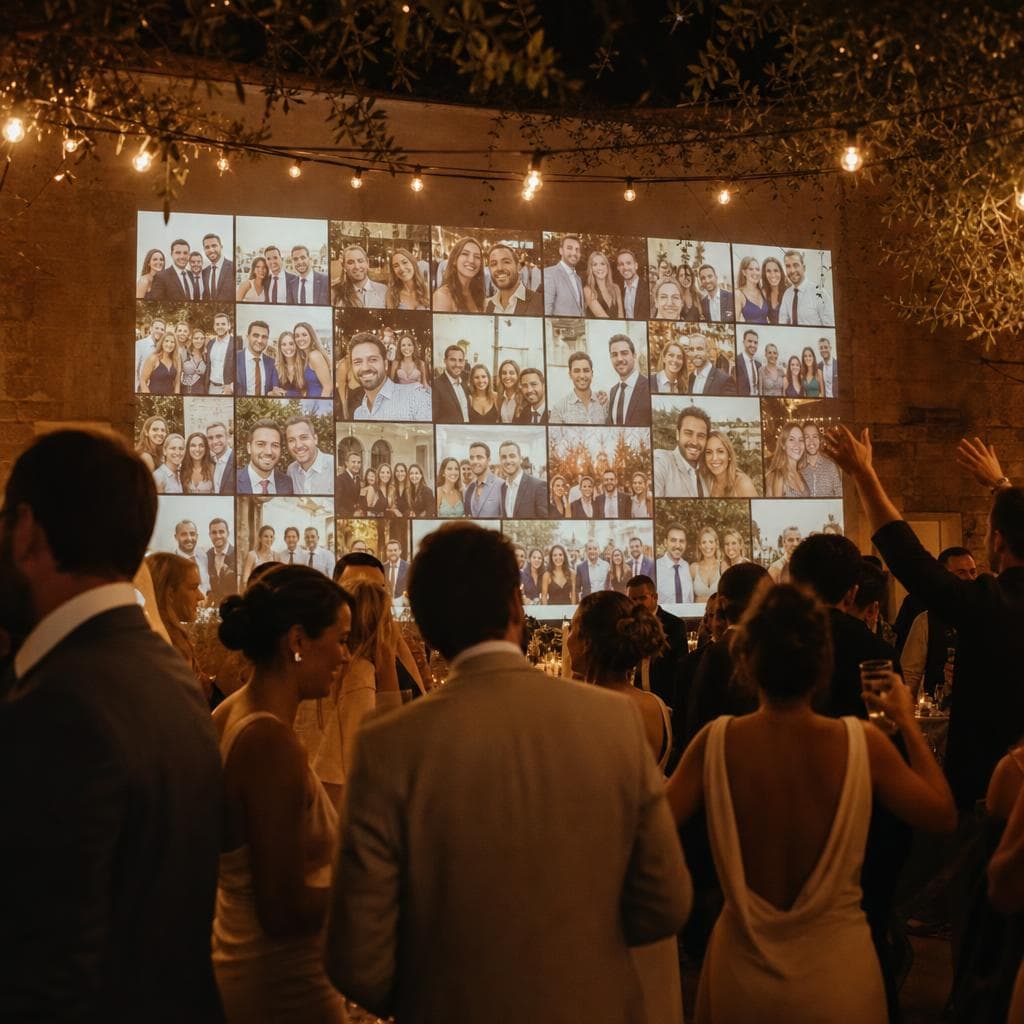 Guests gathered in front of a wall of photos projected during a wedding reception